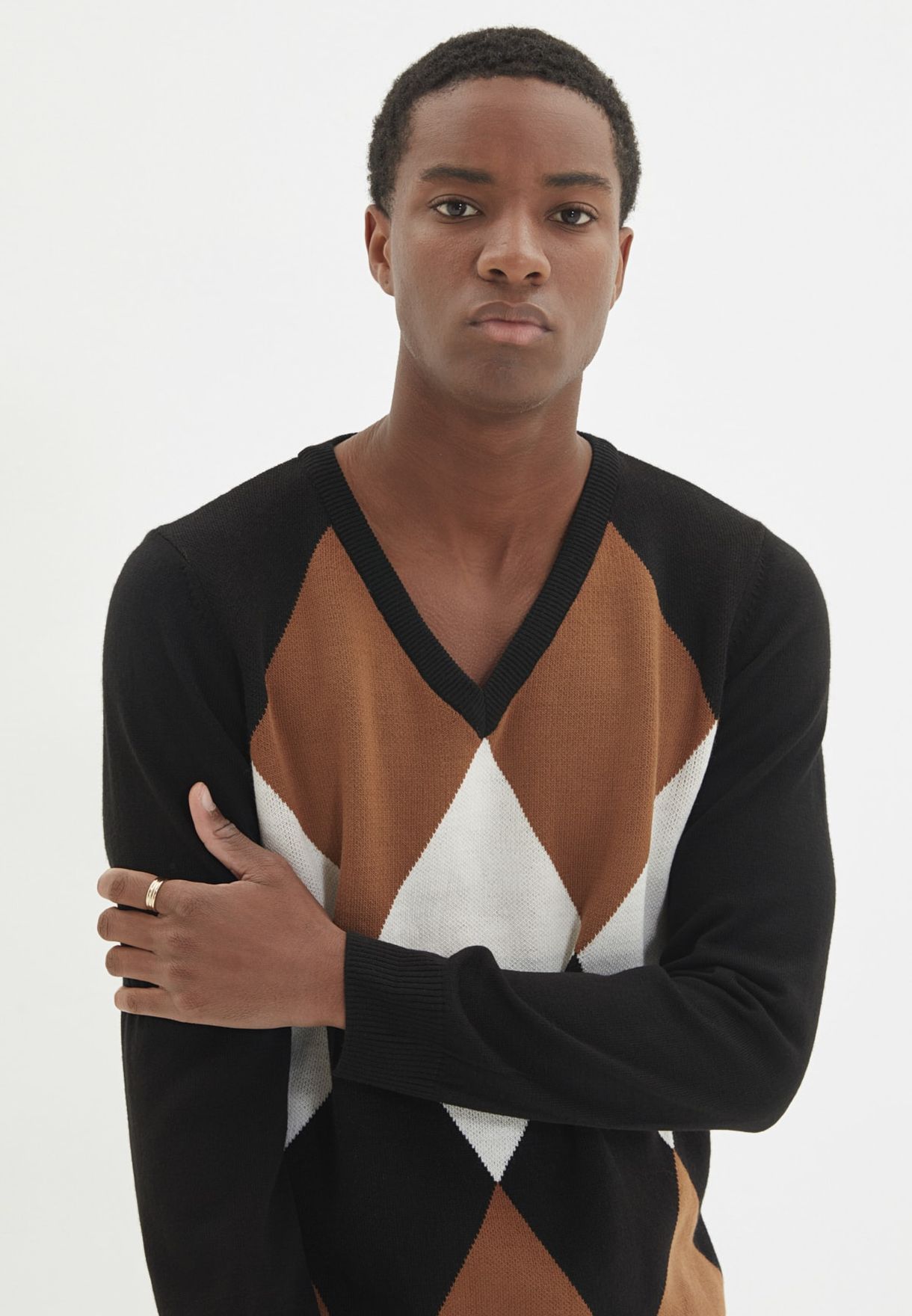 Colour Block Knitted V-Neck Sweater
