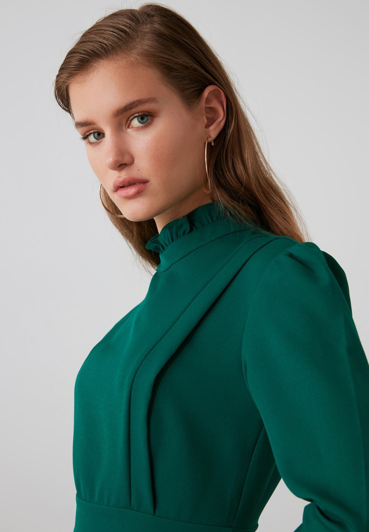Buy Trendyol green High Neck Pleated Dress for Women in Dubai, Abu Dhabi