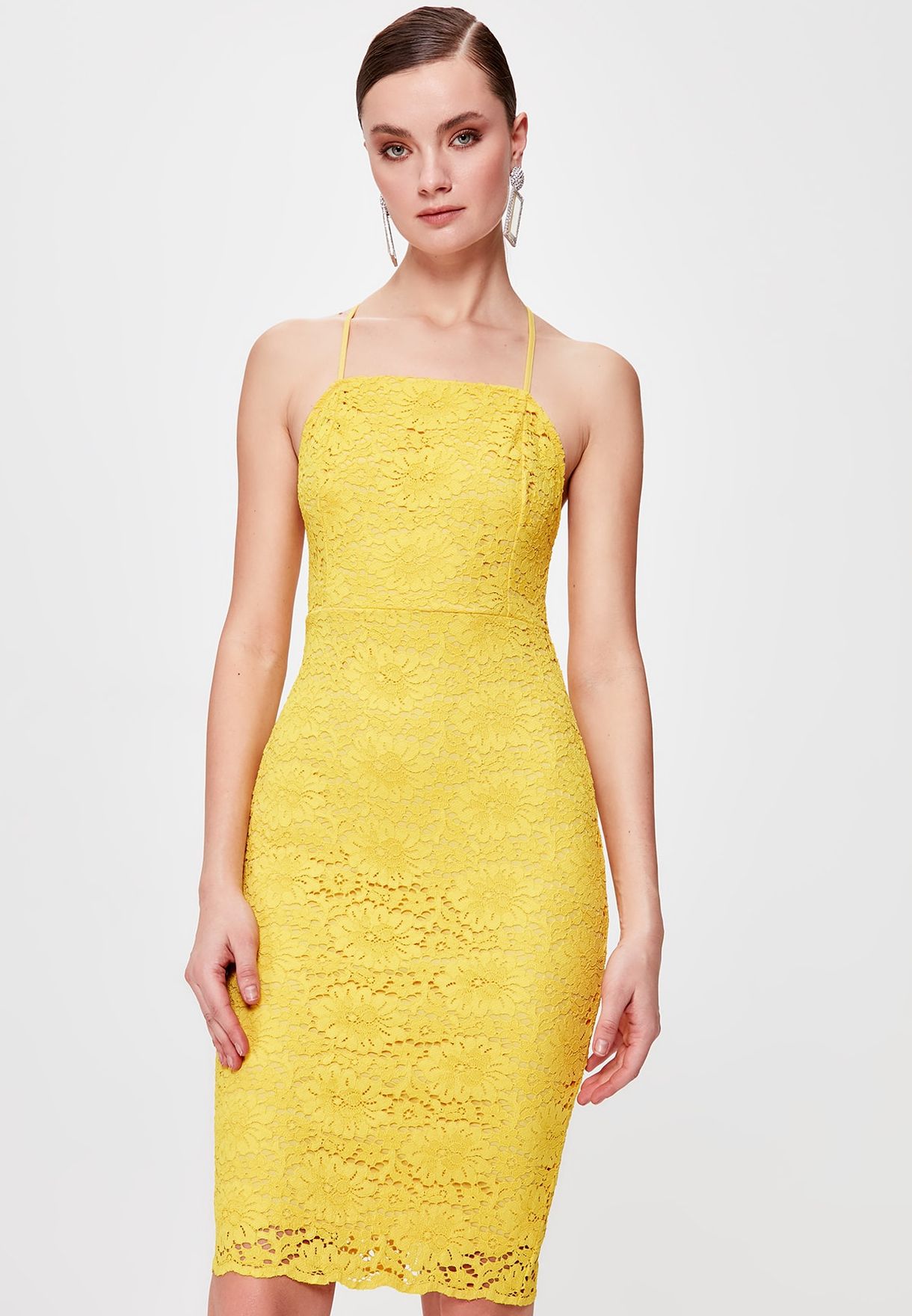 yellow lace bodycon dress