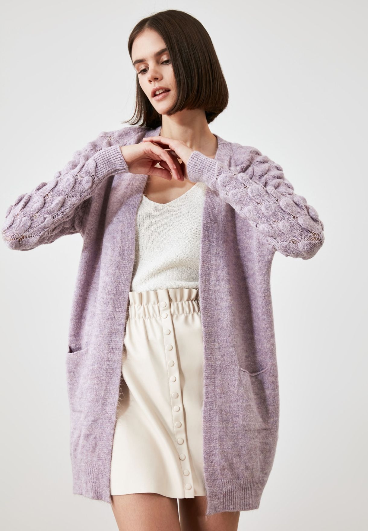 purple longline cardigan